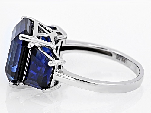 6.80ct Rectangular Octagonal And 3.74ctw Baguette Lab Blue Sapphire Rhodium Over Silver 3-Stone Ring - Size 7