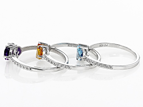 2.24ctw African Amethyst, Citrine And Swiss Blue Topaz Rhodium Over Sterling Silver Ring Set Of 3 - Size 8