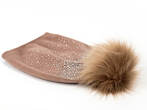 Joan Boyce, Taupe Angora Wool Hat with Crystals with Taupe Pom Pom