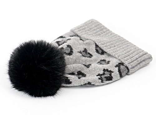 Joan Boyce, Gray Wool Blend Leopard Hat with Black Pom