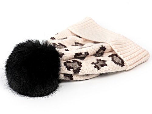Joan Boyce, Cream Wool Blend Leopard Hat with Black Pom