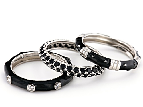 Joan Boyce,0.03ctw White Cubic Zirconia and Black Enamel Silver Tone  Set of 3 Stackable Ring - Size 4