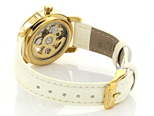Akribos Ladies Gold Tone White Strap Automatic Skeleton Watch