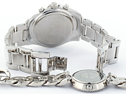 Akribos Ladies White Crystal Silver Tone Watch Set Of 2