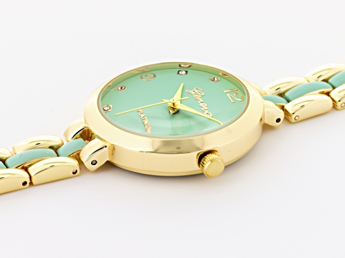 Geneva Ladies White Crystal Gold Tone Purple Green And Orange Ceramic Watch Set Of 3