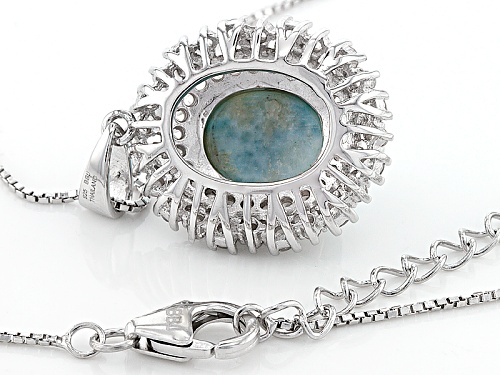 12x10mm Oval Cabochon Larimar With 1.15ctw Round White Zircon Sterling Silver Pendant With Chain