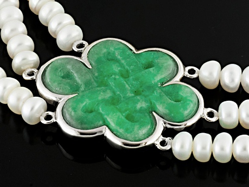 Pacific Style™4-5mm White Cultured Freshwater Pearl & 20x25mm Jadeite Silver Stretch Bracelet - Size 7.5