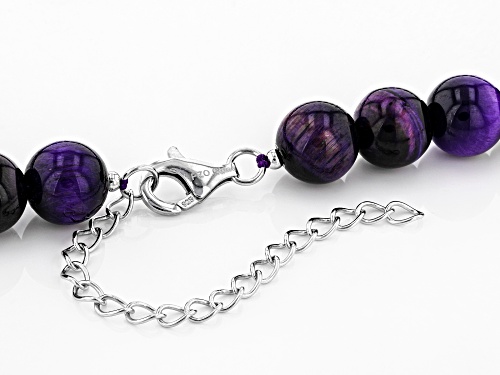 10mm Round Purple Tiger's Eye Bead Strand Sterling Silver Necklace - Size 18