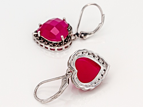 12mm Heart Shape Pink Onyx with .20ctw Black Spinel Rhodium Over Silver Dangle Earrings