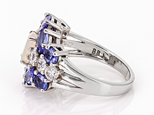 0.37ct Ethiopian Opal with 1.78ctw Tanzanite and 0.97ctw White Zircon Rhodium Over  Silver Ring - Size 6