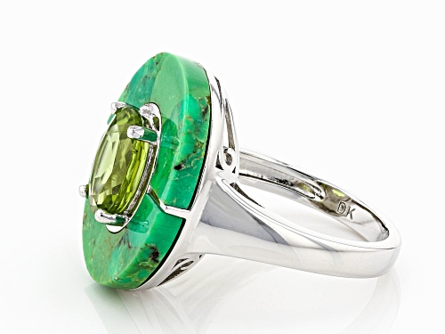 1.62ct Oval Manchurian Peridot(TM) and 17x4mm Specialty Cut Green Turquoise Rhodium Over Silver Ring - Size 7