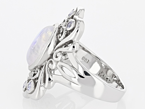 12x8mm Oval Rainbow Moonstone and .20ctw Tanzanite Rhodium Over Sterling Silver Ring - Size 7