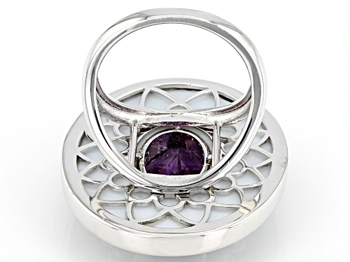 4.89ct Brazilian Amethyst, Abalone Shell And Cultured Freshwater Pearl Rhodium Over Silver Ring - Size 7