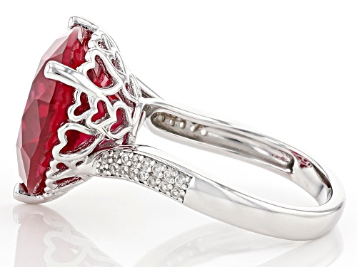 9.81ct Pear shaped lab created ruby with .23ctw round white zircon rhodium over sterling silver ring - Size 8