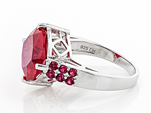 7.74ct Square Cushion and .41ctw Round Lab Created Ruby Rhodium Over Sterling Silver Ring - Size 7