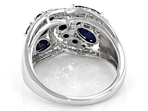 2.45ctw Mixed Shape Blue Sapphire and .19ctw Zircon Rhodium Over Sterling Silver Cluster Band Ring - Size 8