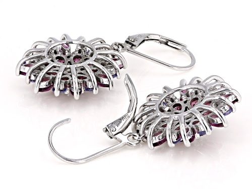 4.36ctw Raspberry Color Rhodolite With  0.80ctw Tanzanite Rhodium Over Silver Cluster Earrings