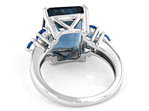 6.18ct Emerald Cut Teal Fluorite and .62ctw Neon Apatite Rhodium Over Sterling Silver Ring - Size 8