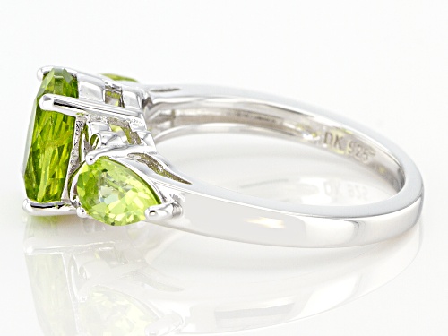 1.62ct Oval And 0.77ctw Pear shape Manchurian Peridot(TM) Rhodium Over Sterling Silver 3-Stone Ring - Size 8