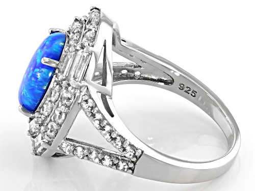 10x8mm Blue Lab Opal, 0.96ctw White Zircon, and 0.52ctw White Topaz Rhodium Over Silver Ring - Size 7