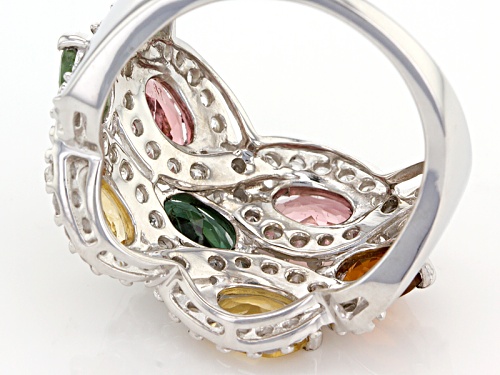 3.22ctw Oval Multi- Tourmaline With .92ctw Round White Zircon Rhodium Over Sterling Silver Ring - Size 7