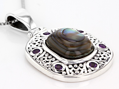 12x10mm Rectangular Cushion Abalone Shell And .10ctw Round Amethyst Silver Pendant With Chain