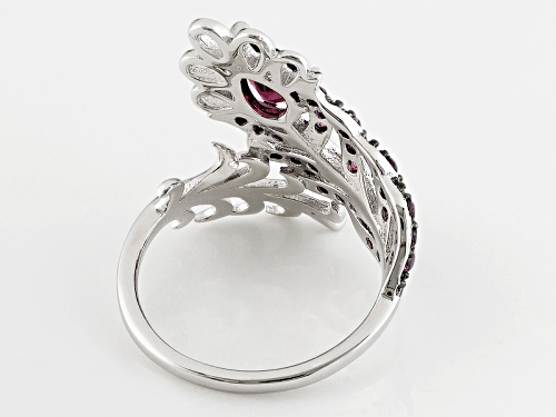 1.32ctw Pear Shape And Round Raspberry Color Rhodolite Sterling Silver Bypass Feather Ring - Size 6