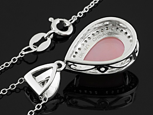 12x8mm Cabochon Pear Shape Peruvian Pink Opal And .19ctw White Zircon Silver Pendant With Chain