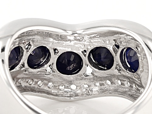 2.97ctw Round Blue Sapphire With .57ctw Round White Zircon Sterling Silver 5-Stone Chevron Ring - Size 6