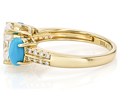 MOISSANITE FIRE® 2.36CTW DEW AND SLEEPING BEAUTY TURQUOISE 14K YELLOW GOLD OVER SILVER RING - Size 7