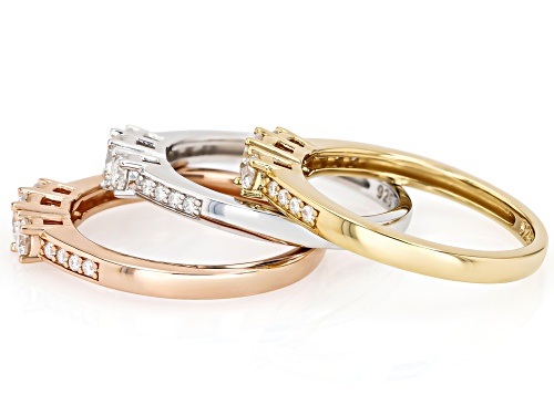 MOISSANITE FIRE® 1.53CTW DEW PLATINEVE® AND 14K YELLOW AND ROSE GOLD OVER SILVER SET OF 3 RINGS - Size 6