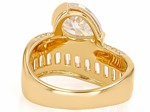 MOISSANITE FIRE® 3.27CTW DEW PEAR AND BAGUETTE AND ROUND 14K YELLOW GOLD OVER SILVER RING - Size 7
