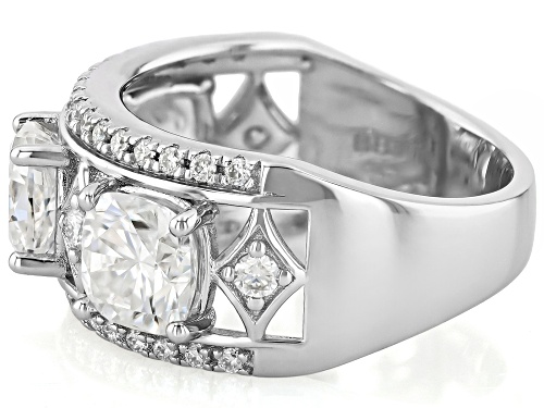 Moissanite Fire® 3.76ctw DEW Square Cushion and Round Platineve® Ring - Size 7