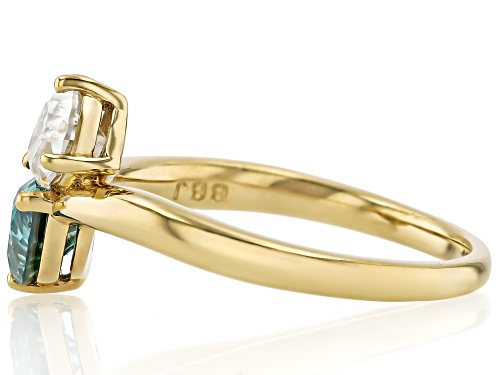 MOISSANITE FIRE® AND GREEN MOISSANITE 1.56CTW DEW PEAR SHAPE 14K YELLOW GOLD OVER SILVER RING - Size 7