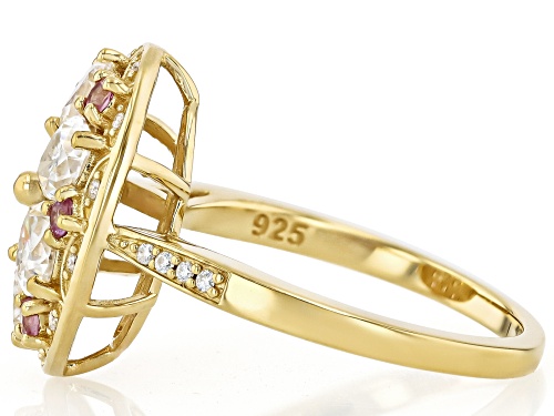 MOISSANITE FIRE® 1.72CTW DEW PEAR & ROUND WITH ROUND PINK SAPPHIRE 14K YELLOW GOLD OVER SILVER RING - Size 6