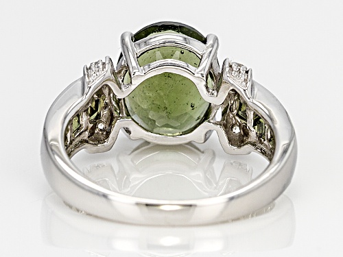 2.82ctw Oval And Square Moldavite With .11ctw Round White Zircon Rhodium Over Sterling Silver Ring - Size 9