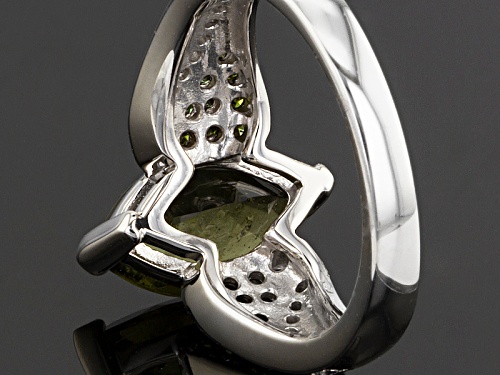 1.33ct Moldavite with .21ctw Green Diamond &  .11ctw White Zircon Rhodium Over Sterling Silver Ring - Size 10