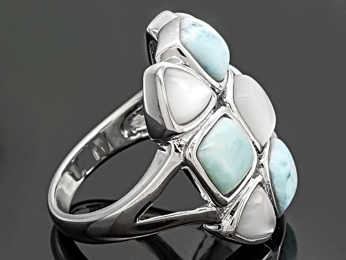 Square Cushion Larimar With Square Cushion And Trillion Mother Of Pearl Silver Ring - Size 6