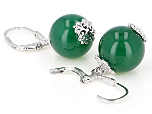12mm Round Green Onyx Rhodium Over Sterling Silver Drop Earrings