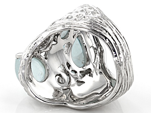 PEAR SHAPE AND ROUND CABOCHON BRAZILIAN AQUAMARINE RHODIUM OVER STERLING SILVER RING - Size 7