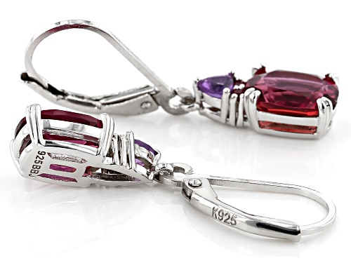 2.04ctw Lab Created Bixbite, .17ctw Amethyst & .03ctw Red Spinel Rhodium Over Silver Dangle Earrings
