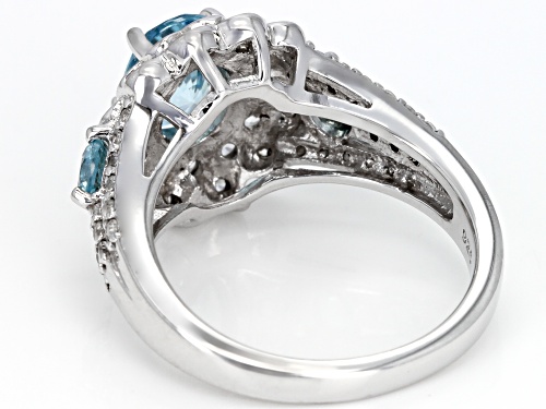 2.37CTW OVAL AND ROUND BLUE ZIRCON WITH .92CTW WHITE ZIRCON RHODIUM OVER STERLING SILVER RING - Size 7
