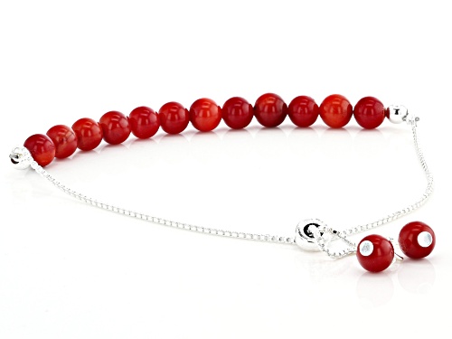 6mm Round Red Coral Rhodium Over Silver Bead Bolo Bracelet, Adjusts Approximately 6