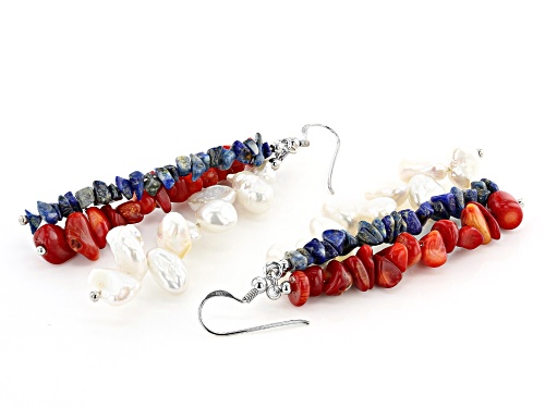 LAPIS, CORAL, CULTURED FRESHWATER PEARL RHODIUM OVER SILVER BRACELET, EARRINGS SET