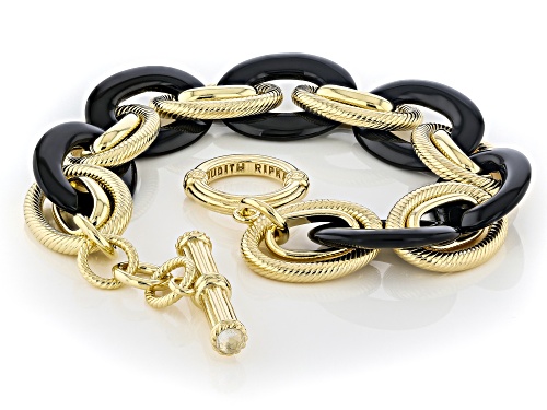 Judith Ripka Black Agate & Rock Crystal Quartz 14k Gold Clad Oval Link Verona Bracelet - Size 8