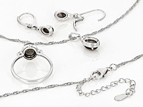 5.05ctw Silver Sheen Sapphire With .08ctw Lab White Sapphire Rhodium Over Silver Jewelry Set