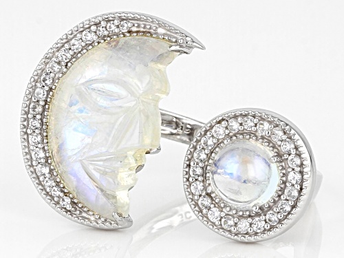 17x9mm & 6mm Rainbow Moonstone With .41ctw White Zircon Rhodium Over Sterling Silver Moon Ring - Size 6