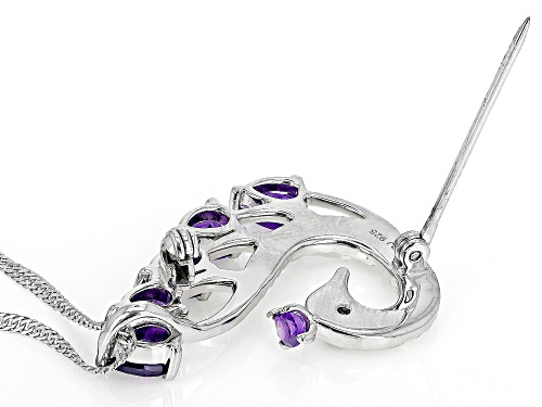 2.40ctw African Amethyst & Black Spinel Rhodium Over Silver Peacock Brooch Pendant With Chain