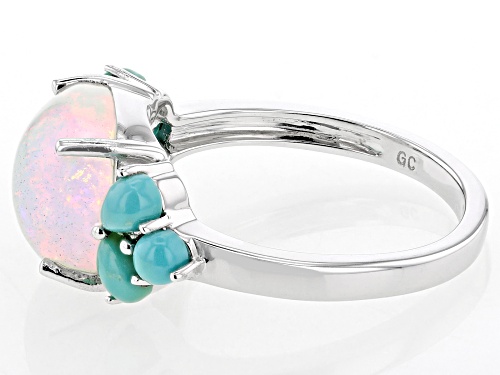 10mm Cushion Ethiopian Opal With Kingman Turquoise Rhodium Over Sterling Silver Ring - Size 7