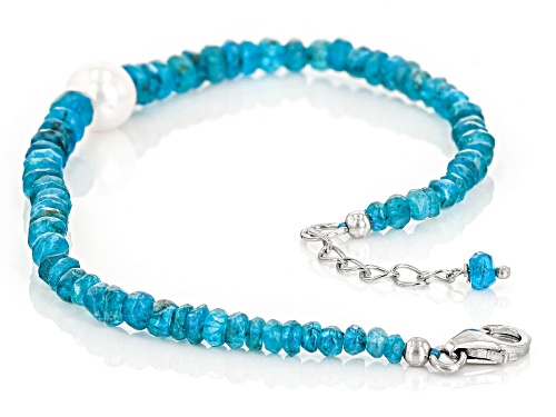 Neon Apatite with Cultured Freshwater Pearl Rhodium Over Silver Bracelet - Size 8
